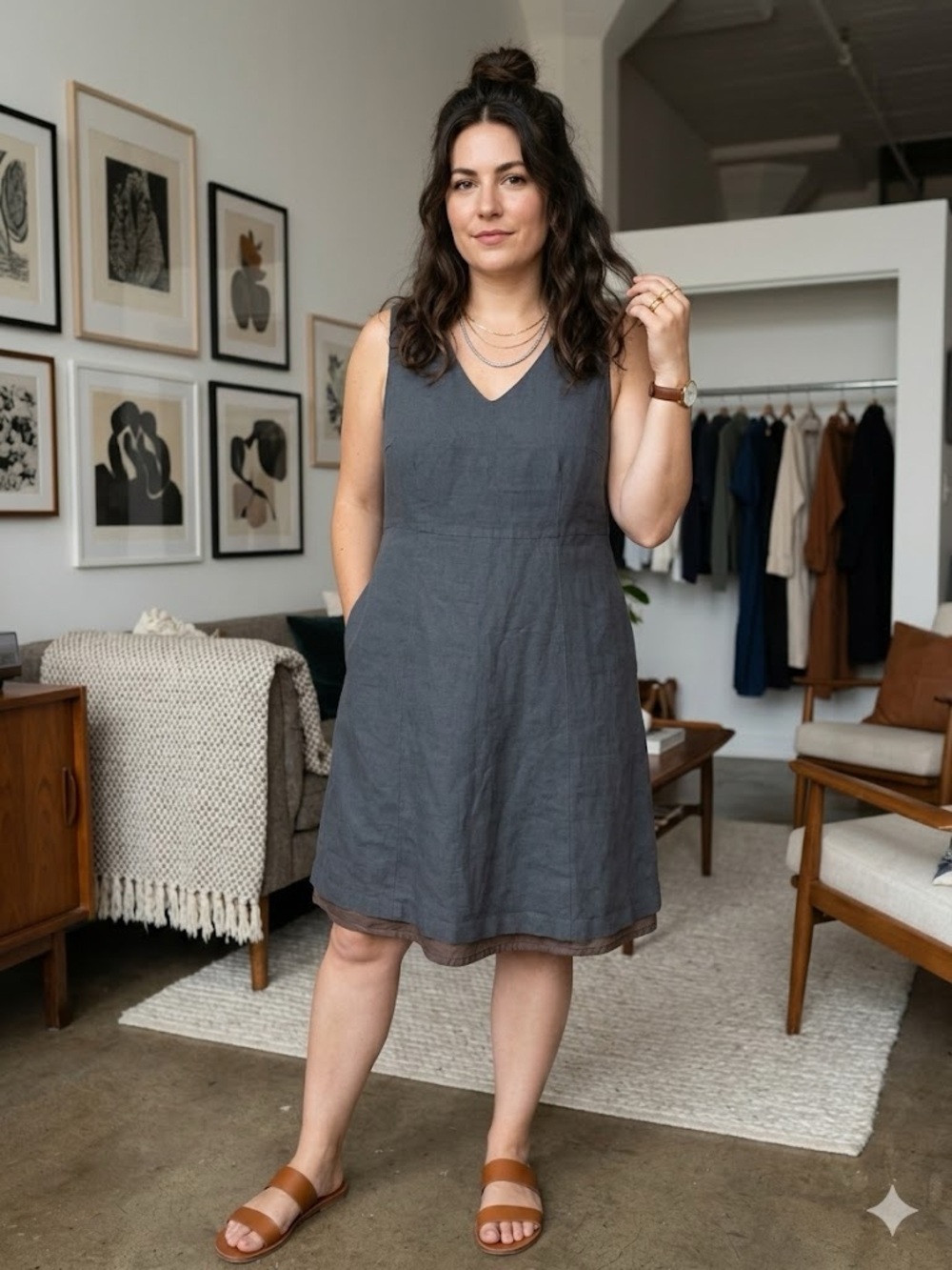 Huis Clos Gray Linen Vintage A-Line Shift Dress size 10